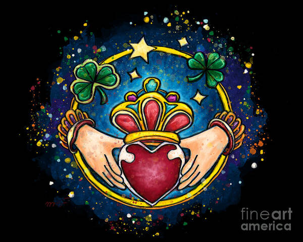 Claddagh Poster featuring the painting Claddagh ring on black background, Ireland engagement ring by Nadia CHEVREL