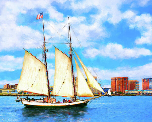Boston Harbor Poster featuring the mixed media Classic Tall Ship In Boston Harbor by Mark E Tisdale