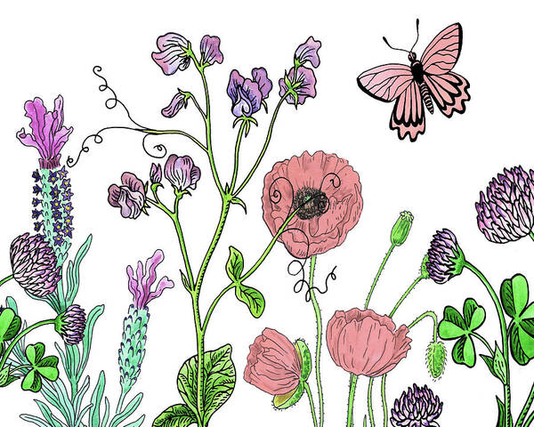 Wildflowers Poster featuring the painting Cute Butterfly In Wildflower Garden With Clover Sweet Peas Lavender Pink Poppies Watercolor by Irina Sztukowski