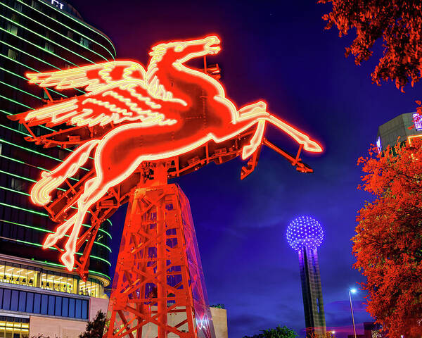 Dallas Pegasus Poster featuring the photograph Dallas Flying Red Pegasus and Reunion Tower at Dusk by Gregory Ballos