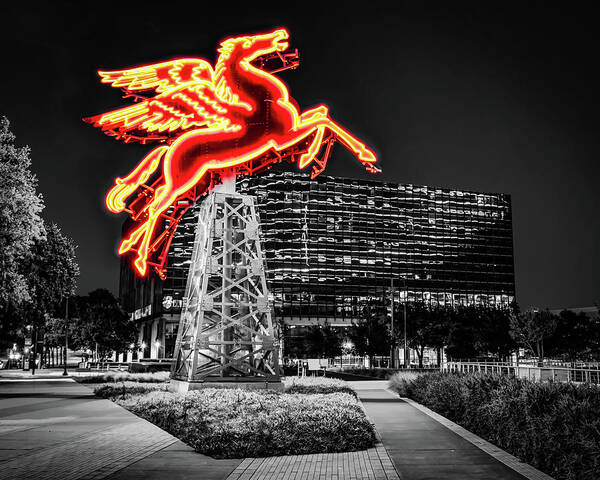 Dallas Skyline Poster featuring the photograph Dallas Texas Selectively Colored Red Pegasus Rising by Gregory Ballos