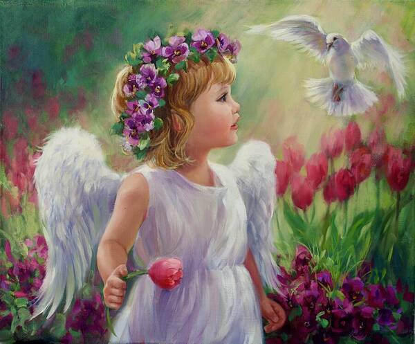 Hope Poster featuring the painting Dove Angel with Tulips by Laurie Snow Hein