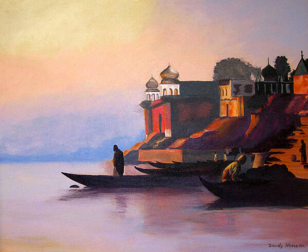 Landscape Poster featuring the painting Ganges at Dawn by Art Nomad Sandra Hansen