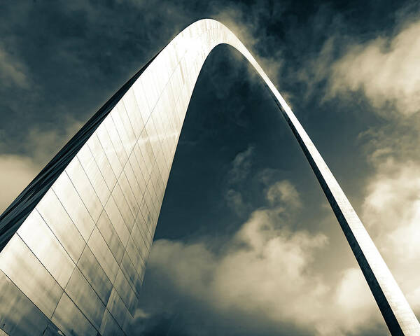America Poster featuring the photograph Gateway Arch Architectural Wonder in The Clouds - Sepia by Gregory Ballos
