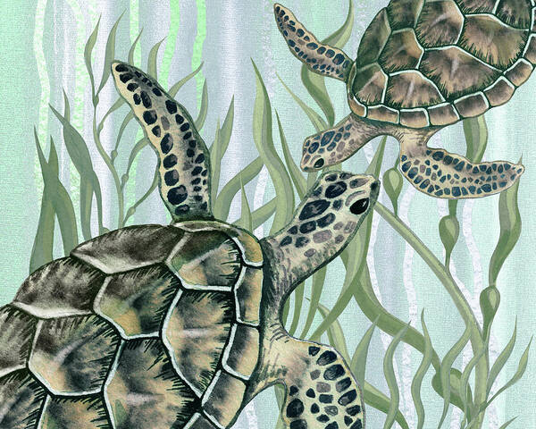 Art For Beach House Decor Ocean Seaweed Giant Turtle Swimming Poster featuring the painting Giant Turtles Swimming In The Seaweed Under The Ocean Watercolor Painting IV by Irina Sztukowski