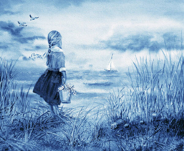 Girl And Ocean Poster featuring the painting Girl And Ocean Watercolor Painting In Ultramarine Blue by Irina Sztukowski