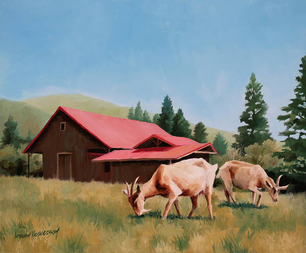 Goats Poster featuring the painting Goats Grazing by Barn by Jordan Henderson
