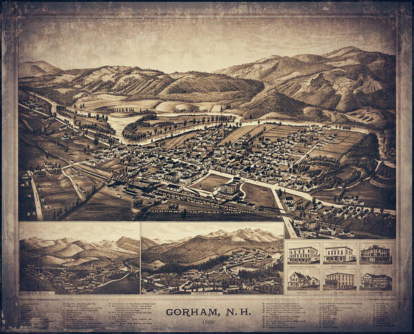 Gorham Poster featuring the photograph Gorham New Hampshire Vintage Map Birds Eye View 1888 Sepia by Carol Japp