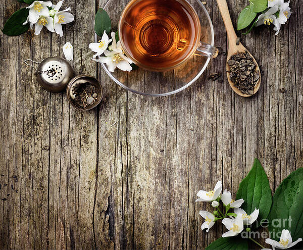 Tea Poster featuring the photograph Green and jasmine tea from above by Jelena Jovanovic