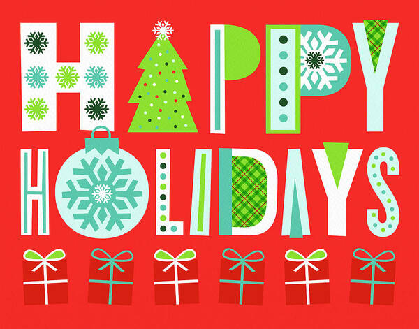Red Poster featuring the painting Happy Holidays Typographic Greeting Card Art by Jen Montgomery by Jen Montgomery