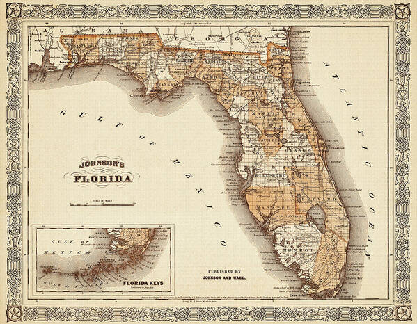 Florida Map Poster featuring the photograph Historical Map of Florida 1866 Sepia by Carol Japp