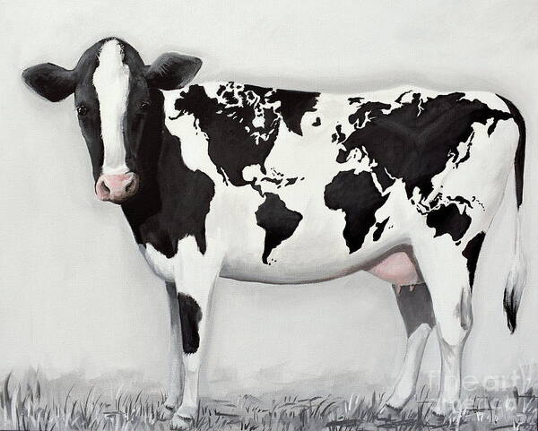 Cow Poster featuring the painting International Bovine world map cow print by Debbie Criswell