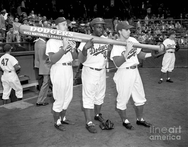 1950-1959 Poster featuring the photograph Jackie Robinson, Duke Snider, and Pee Wee Reese by Olen Collection