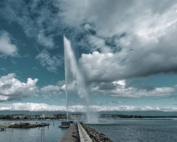 Geneva Poster featuring the photograph Jet d'Eau Dance with the Clouds by Benoit Bruchez