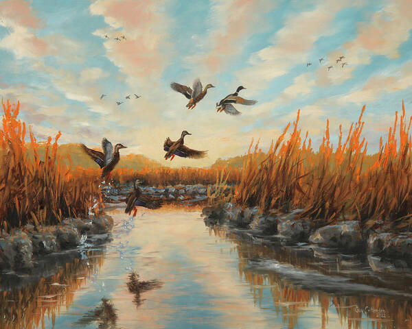 Mallards Poster featuring the painting Jumping Blacks and Mallards by Guy Crittenden