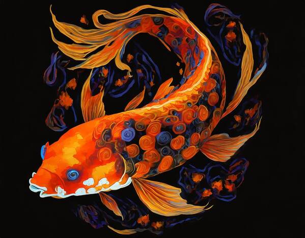 Oil Painting Poster featuring the mixed media Koi Fish on Black by Susan Rydberg