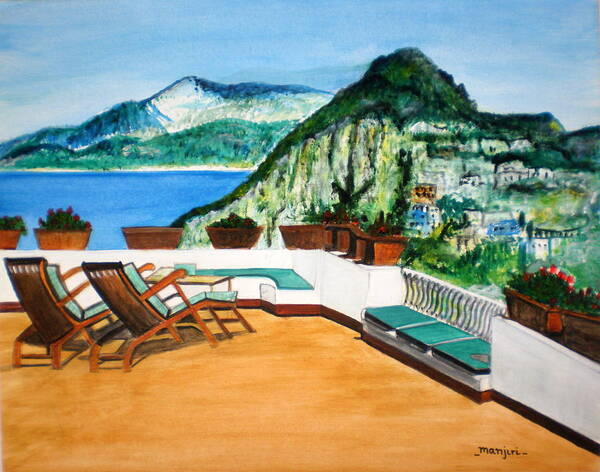 Landscape Water Seascape Art Mountains Acrylic Lounge Chairs Green Sky Blue Flowers Red Poster featuring the painting Landscape Italy by Manjiri Kanvinde
