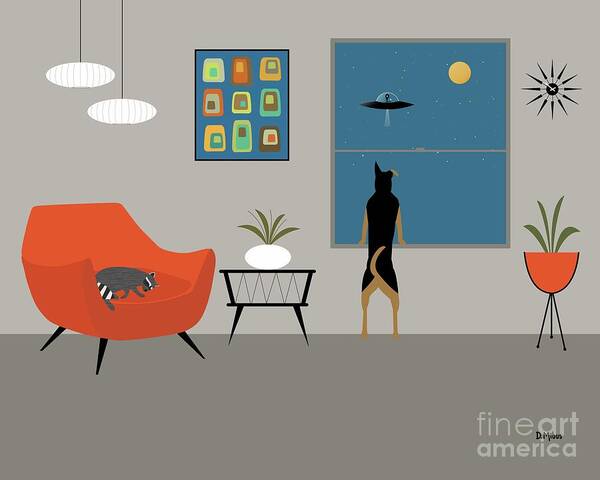Mid Century Room Scene Poster featuring the digital art Macki and Raccoon Friend by Donna Mibus