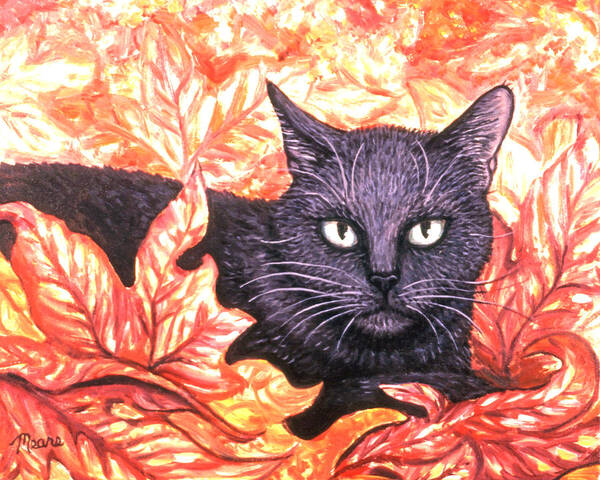 Cat Poster featuring the painting Magic in Fall Leaves by Linda Mears