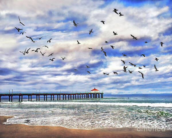 Gulls Poster featuring the photograph Manhattan Beach Pier And Seagulls, Sunrise, California by Don Schimmel