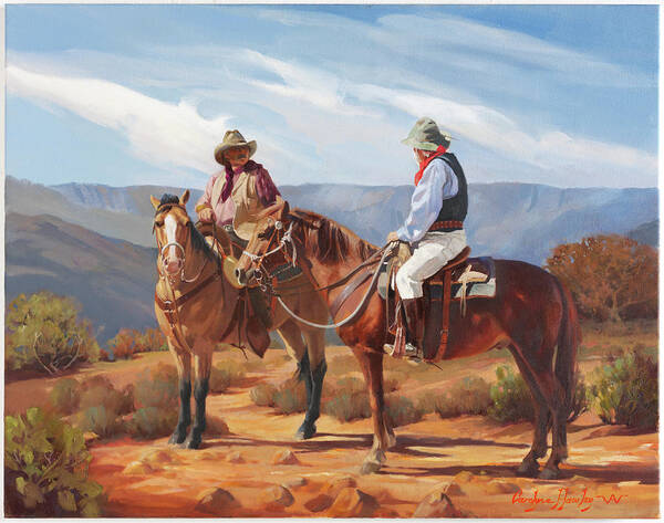 Western Art Poster featuring the painting Meeting on Rim Trail by Carolyne Hawley