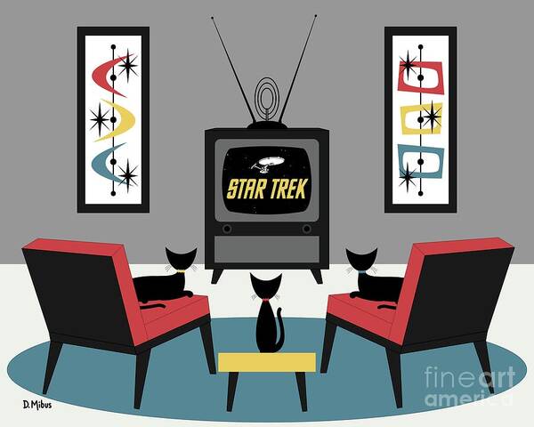Mid Century Cats Poster featuring the digital art Mid Century Cats Watch Star Trek by Donna Mibus