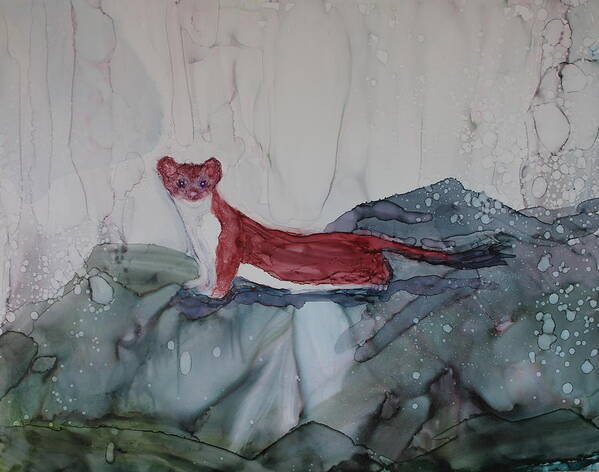 Mink Poster featuring the painting Mink by a Waterfall by Ruth Kamenev
