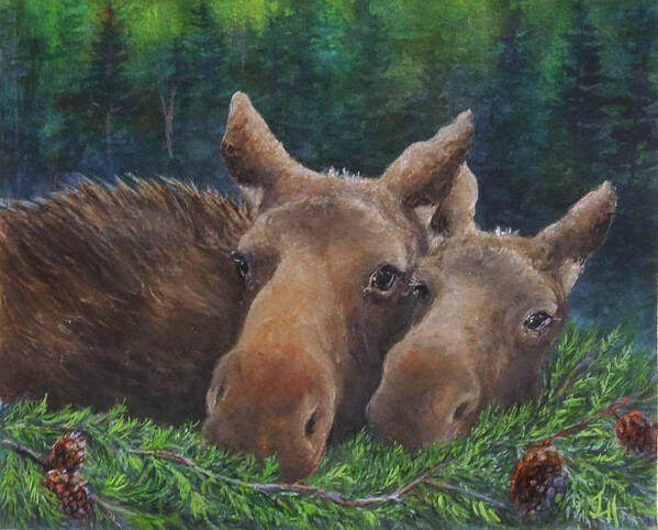 Moose And Baby Poster featuring the painting Momma Moose by June Hunt