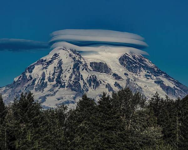 Mountain Poster featuring the photograph MT Rainier and Venticuler Cloud by M Three Photos