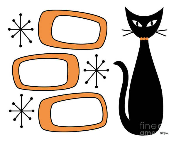 Mid Century Modern Poster featuring the digital art No Background Cat with Oblongs Orange by Donna Mibus