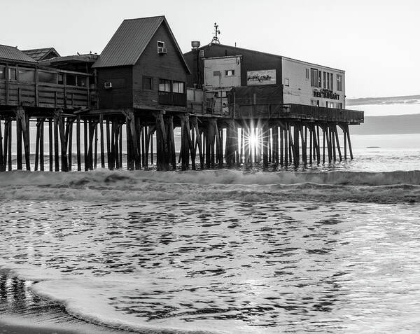 Old Orchard Pier Sunrise Black And White Poster featuring the photograph Old Orchard Pier Sunrise Black And White by Dan Sproul