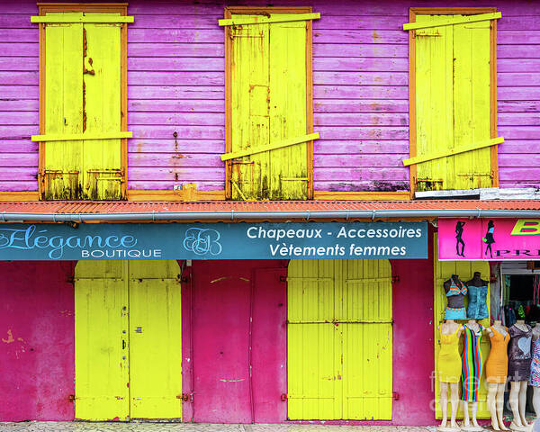 Caribbean Poster featuring the photograph Pink and yellow house in Le Moule by Lyl Dil Creations