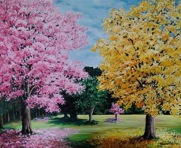 Poui Trees Poster featuring the painting Pink And Yellow Puoi by Karin Dawn Kelshall- Best