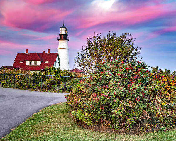America Poster featuring the photograph Pink Sunset At Portland Head Light by Gregory Ballos
