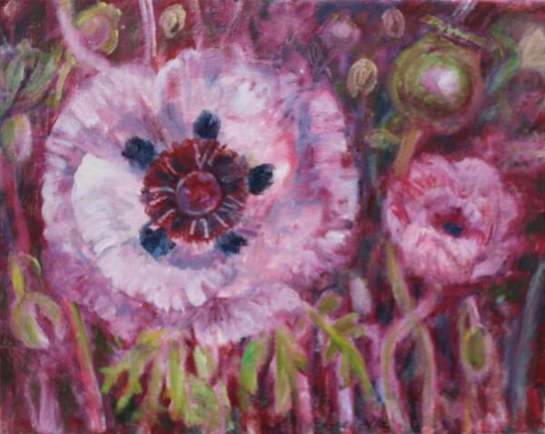 Pink Poppies Poster featuring the painting Poppies In Bloom by Veronica Cassell vaz