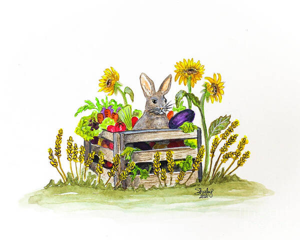 Rabbit Poster featuring the painting Rabbit in the Veggies by Shirley Dutchkowski