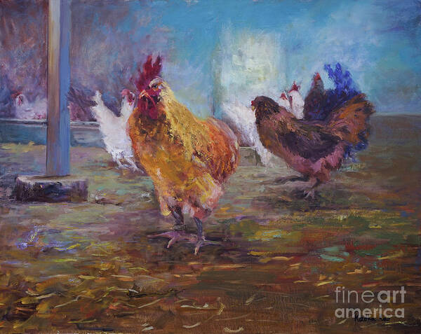 Farm Animals Poster featuring the painting Roosters At Play by Radha Rao