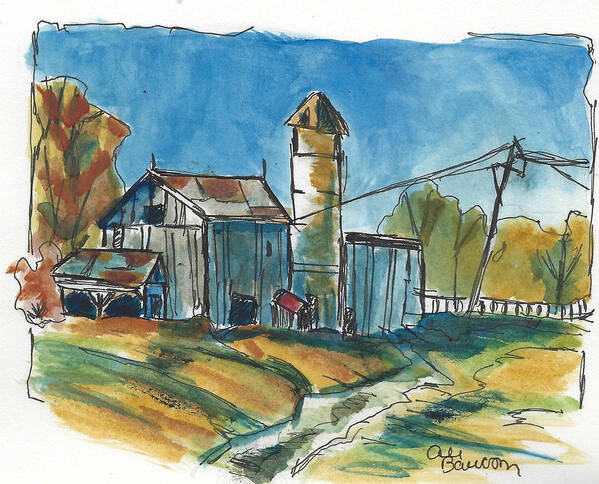 Barn Poster featuring the painting Rustic Barn Watercolor and Ink Painting of a Barn with Silo during Autumn by Ali Baucom