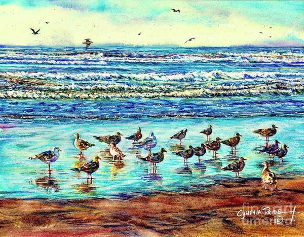 Cynthia Pride Watercolor Paintings Poster featuring the painting Seagull Get-together by Cynthia Pride