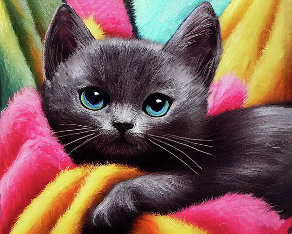 Gray Kitten Poster featuring the digital art Smoke Gray Kitten on a Colorful Blanket by Mark Tisdale