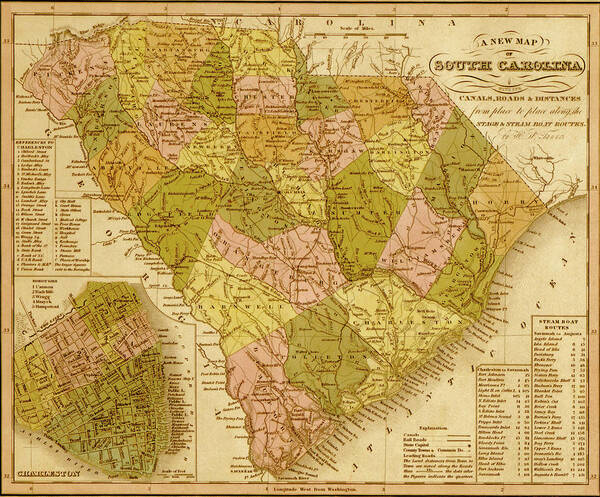 South Carolina Poster featuring the drawing South Carolina 1844 by Vintage Maps