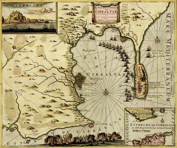 Maps Poster featuring the drawing Straits and Defenses at Gibraltar 1700 by Vintage Maps