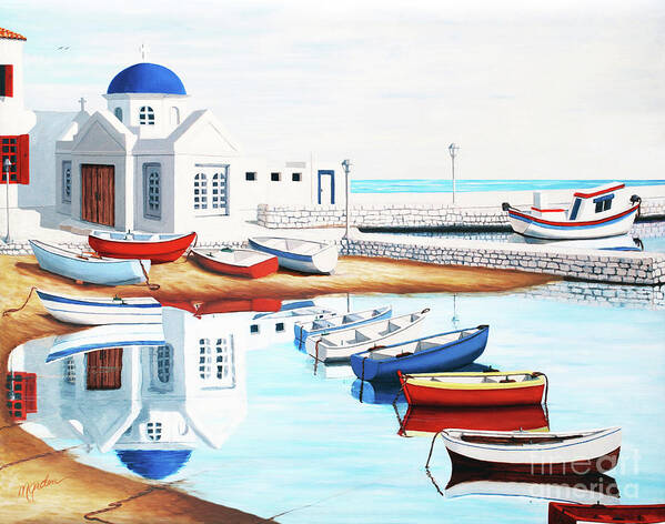 Mykonos Poster featuring the painting SUNDAY, MORNING, MYKONOS BAY - Prints of Oil Painting by Mary Grden