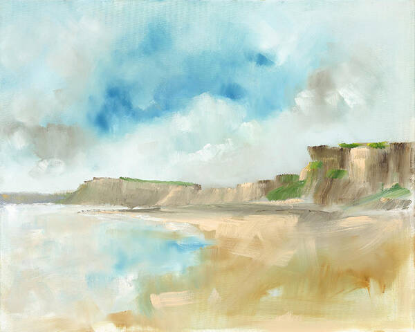 Beach Poster featuring the painting Sunlight on Tresilian Cliffs by Roger Clarke