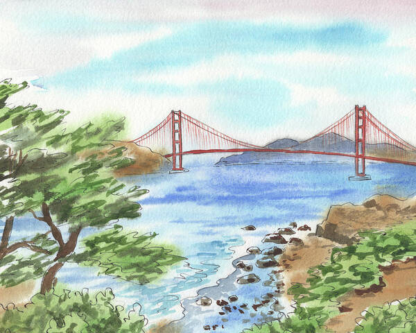 Golden Gate Poster featuring the painting Sunny Day In San Francisco Bay Golden Gate Bridge Watercolor by Irina Sztukowski