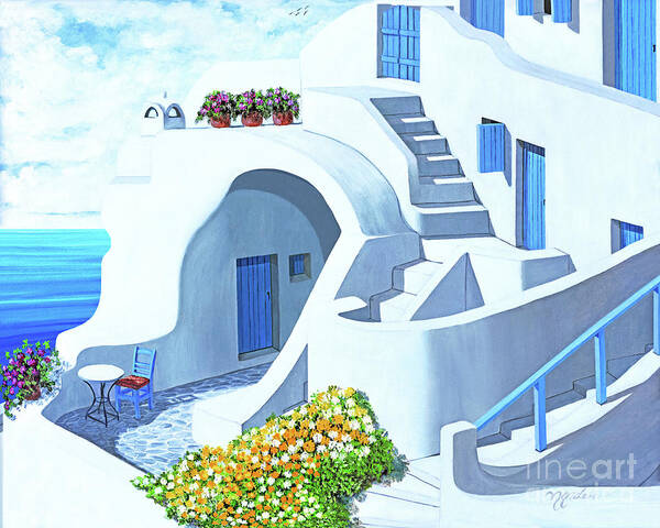 Santorini Poster featuring the painting SUNNY SANTORINI, prints of oil painting by Mary Grden