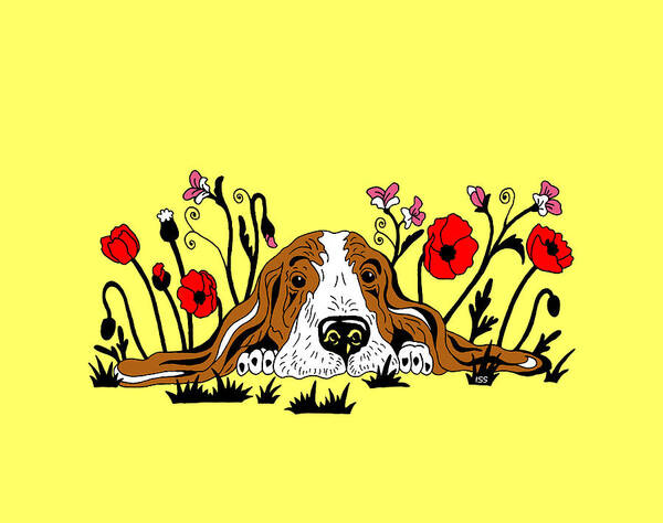 Sweet Poster featuring the painting Super Adorable Basset Puppy Lying In The Flower Field by Irina Sztukowski