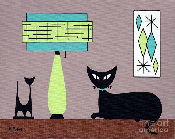 Mid Century Modern Black Cat Poster featuring the painting Tabletop Cat with Teal and Avocado Green Lamp by Donna Mibus