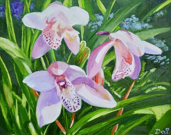 Flowers Poster featuring the painting Three Pink Cymbidium Orchids by Dai Wynn