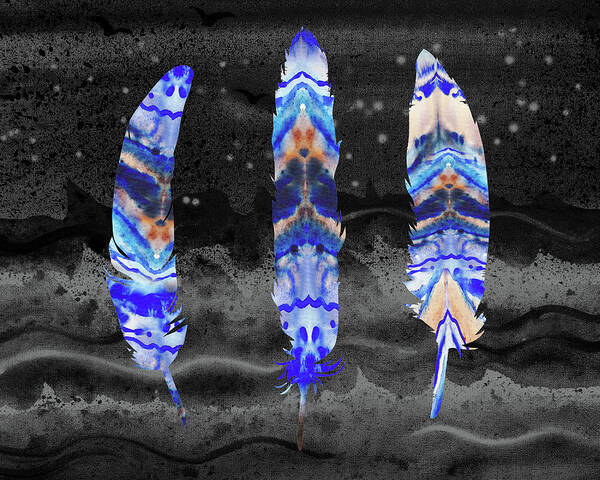 Feather Poster featuring the painting Three Watercolor Feathers At Night by Irina Sztukowski